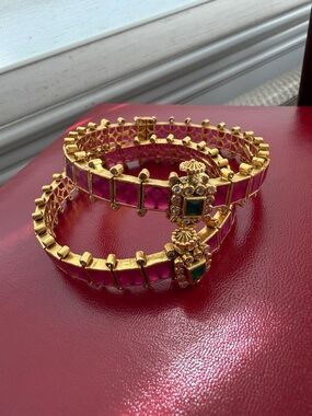 Gold-Tone Pink Kundan Style Bangle Set with Green Accent